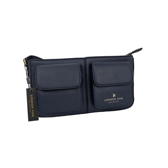 London Fog Handbags - London Fog Collection Evelyn Multi Crossbody Bag Purse Navy Blue Gold Accents